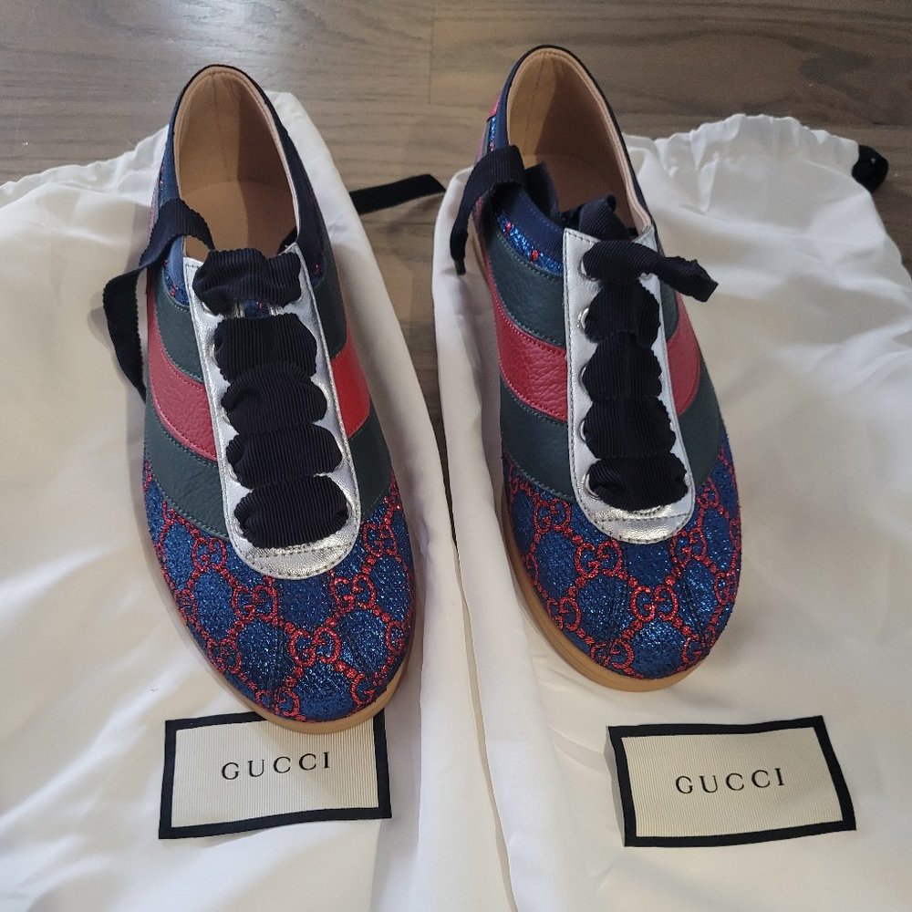 Gucci Lurex Calfskin Web GG Monogram Womens Falacer Sneakers 35.5